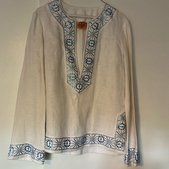 Beaded white linen tunic size Medium in perfect condition - Picture 1 of 4